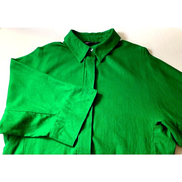 Zara Linen Blend Shirt Women M Shamrock Green 3/4 Kimono Sleeve Button Down NWOT - Picture 2 of 16